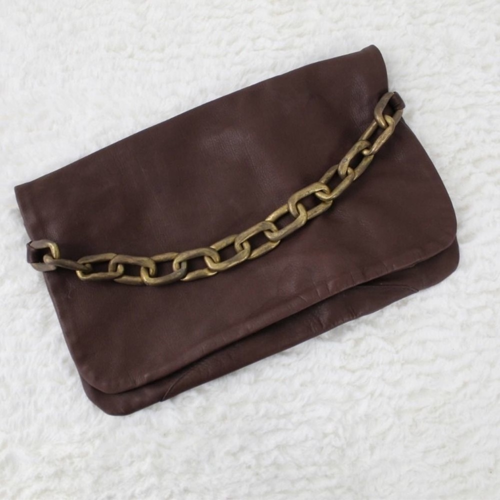 Johnny Farah recycled leather envelope clutch with chunky brass chain EUC